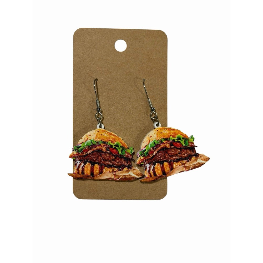 Novelty Cheeseburger Acrylic Drop Earrings‎ Silver Tone Foodie Kitsch Jewelry